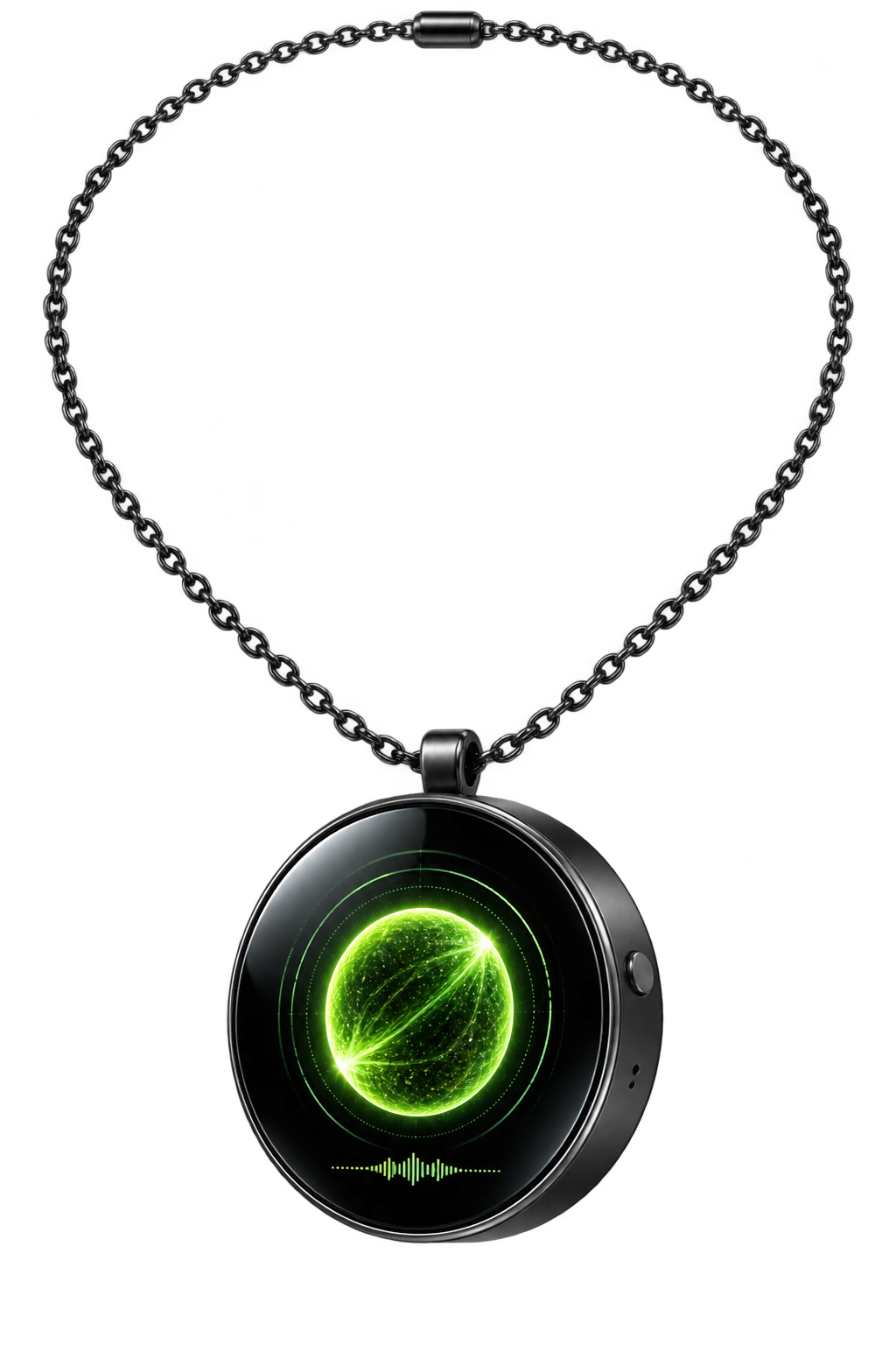 Full concept render of the NOVA One necklace: a round pendant with a glowing green orb on a dark metal chain